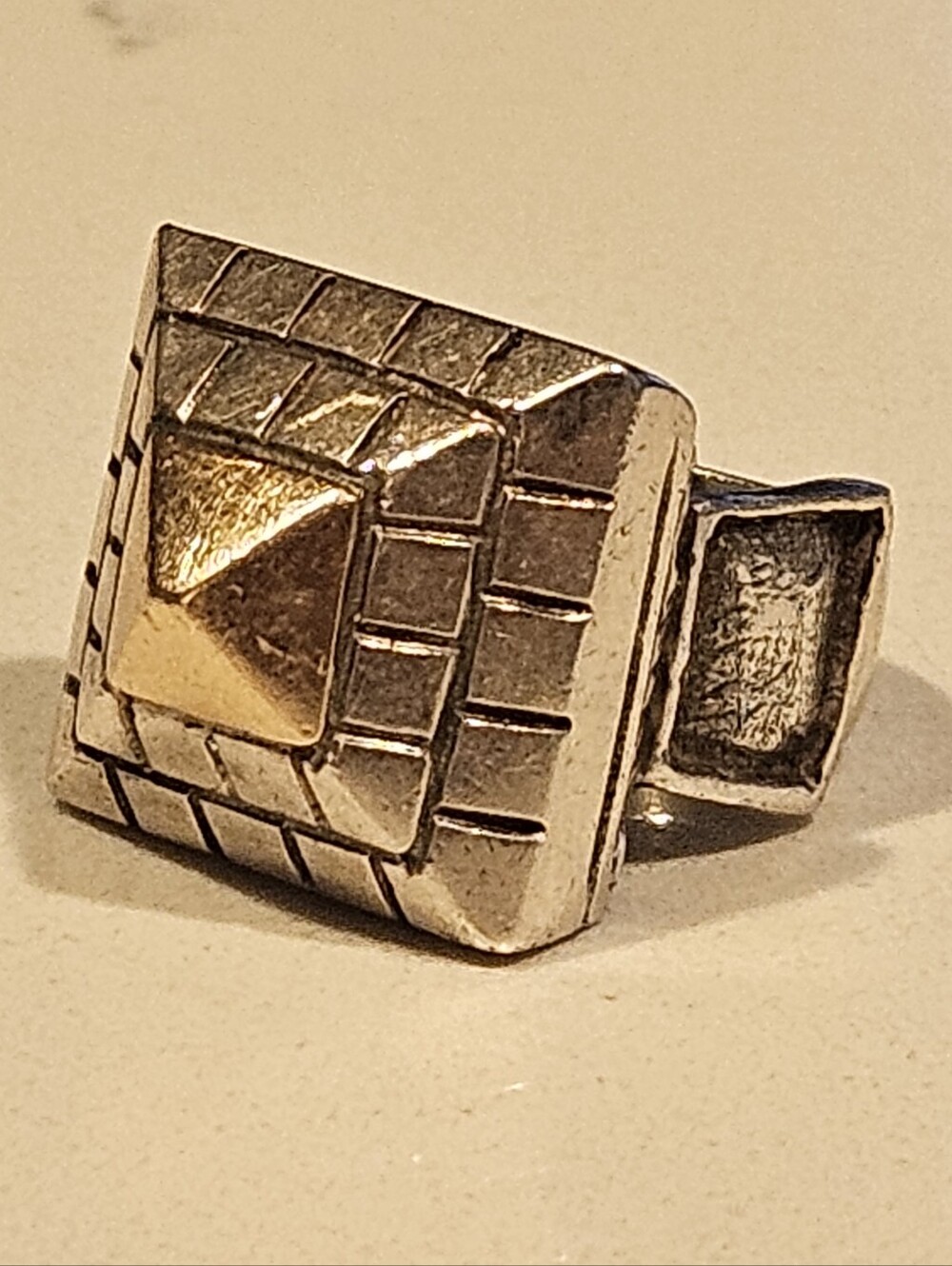 Massive Chunky Solid 14k Yellow Gold & Sterling Silver Pyramid Ring Artisan - Picture 2 of 10